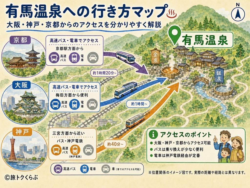 有馬温泉への行き方マップ｜大阪・神戸三宮・京都から高速バス・電車（神戸電鉄）でのアクセスと所要時間の目安（イメージ図）