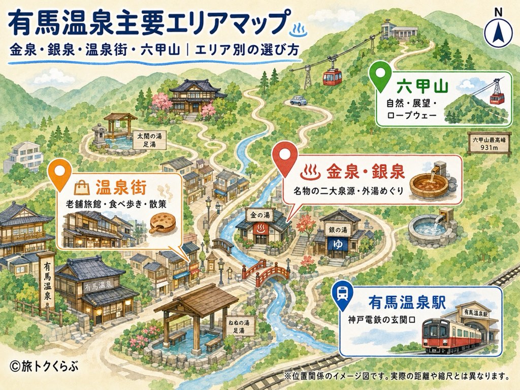 有馬温泉 主要エリアマップ｜金泉・銀泉の外湯（金の湯・銀の湯・太閤の湯）、温泉街、六甲山・六甲有馬ロープウェー、有馬温泉駅の位置関係（イメージ図）