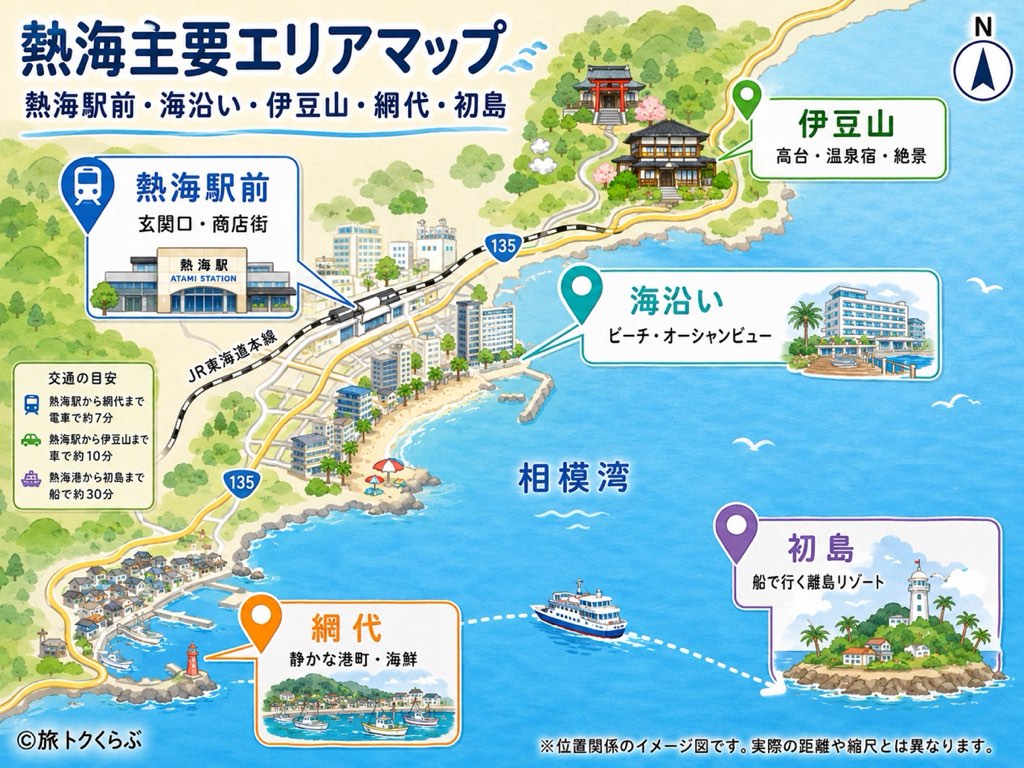 熱海主要エリアマップ｜熱海駅前・海沿い・伊豆山・網代・初島の位置関係と相模湾・JR東海道本線（イメージ図）