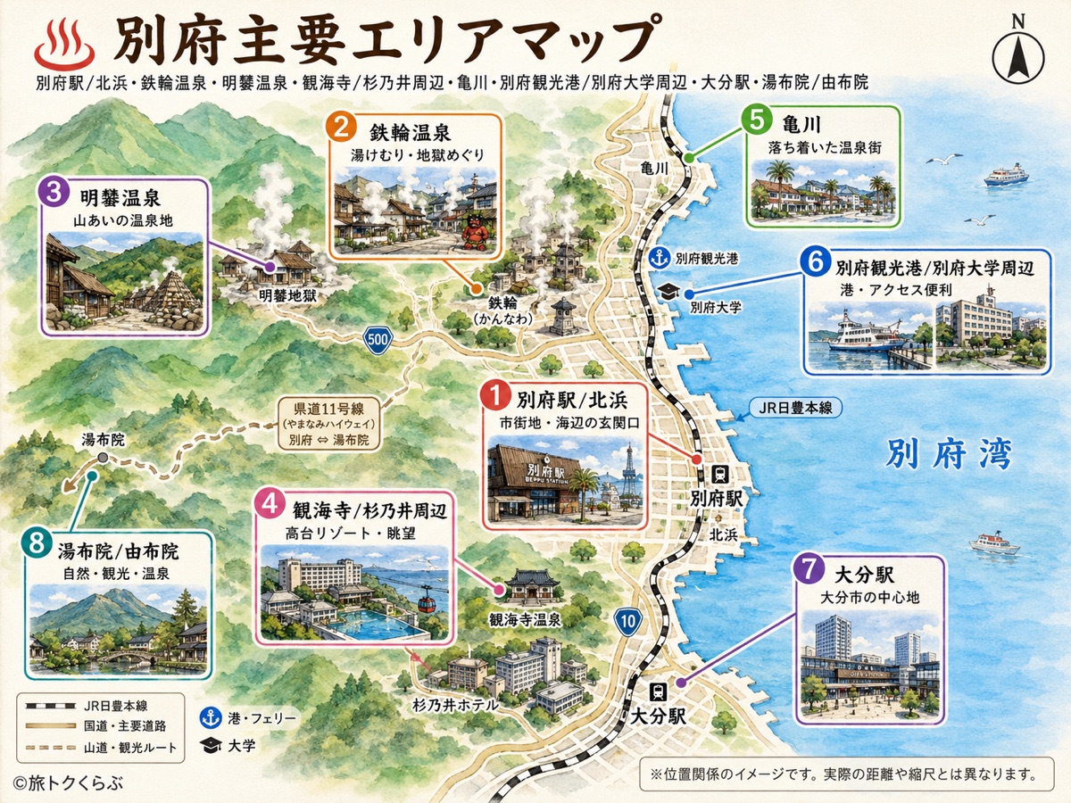 別府駅・北浜、鉄輪温泉、明礬温泉、観海寺・杉乃井周辺、亀川、別府観光港、大分駅、湯布院・由布院の位置関係を示した別府主要エリアマップ