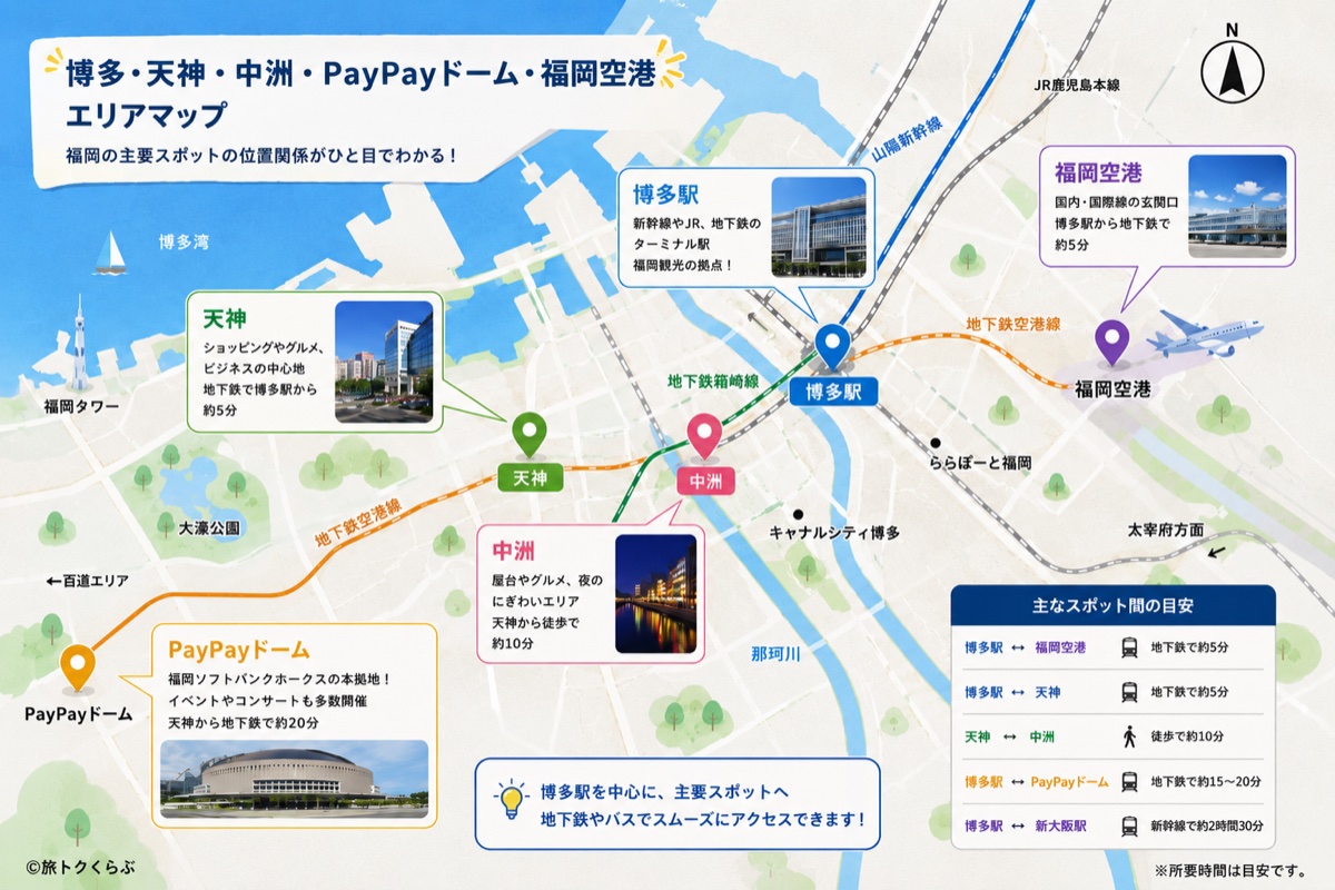 博多駅・天神・中洲・PayPayドーム・福岡空港のエリアマップ。福岡市内の主要エリアの位置関係と所要時間の目安を示した図