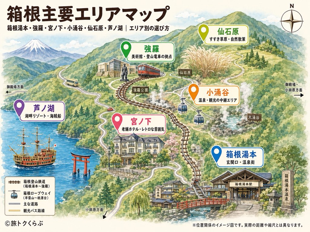 箱根主要エリアマップ｜箱根湯本・強羅・宮ノ下・小涌谷・仙石原・芦ノ湖の位置関係と登山鉄道・ロープウェイ（イメージ図）