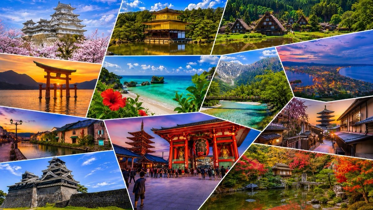 日本各地の名所を並べた、地域別に旅行先とクーポンを探すガイドのイメージ
