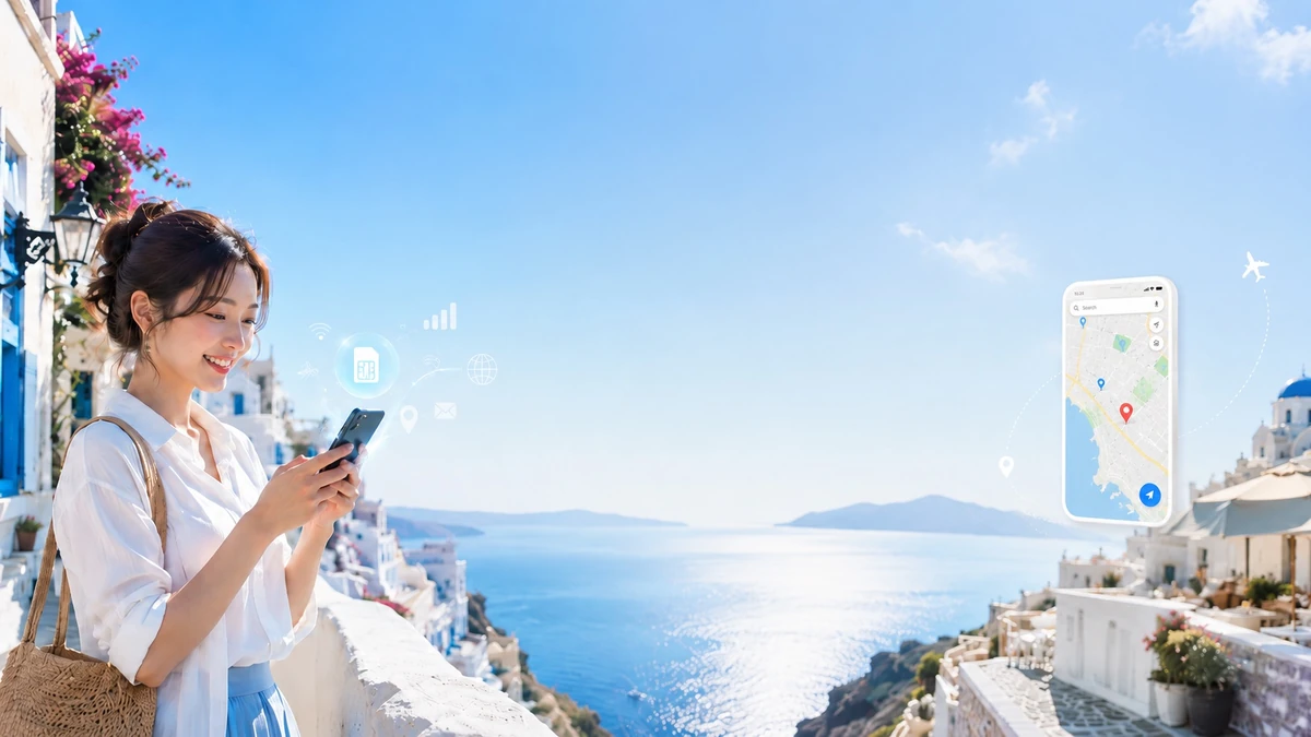 白壁の街並みと青い海を背景にスマートフォンを操作する旅行者と、eSIMや地図アプリのアイコン
