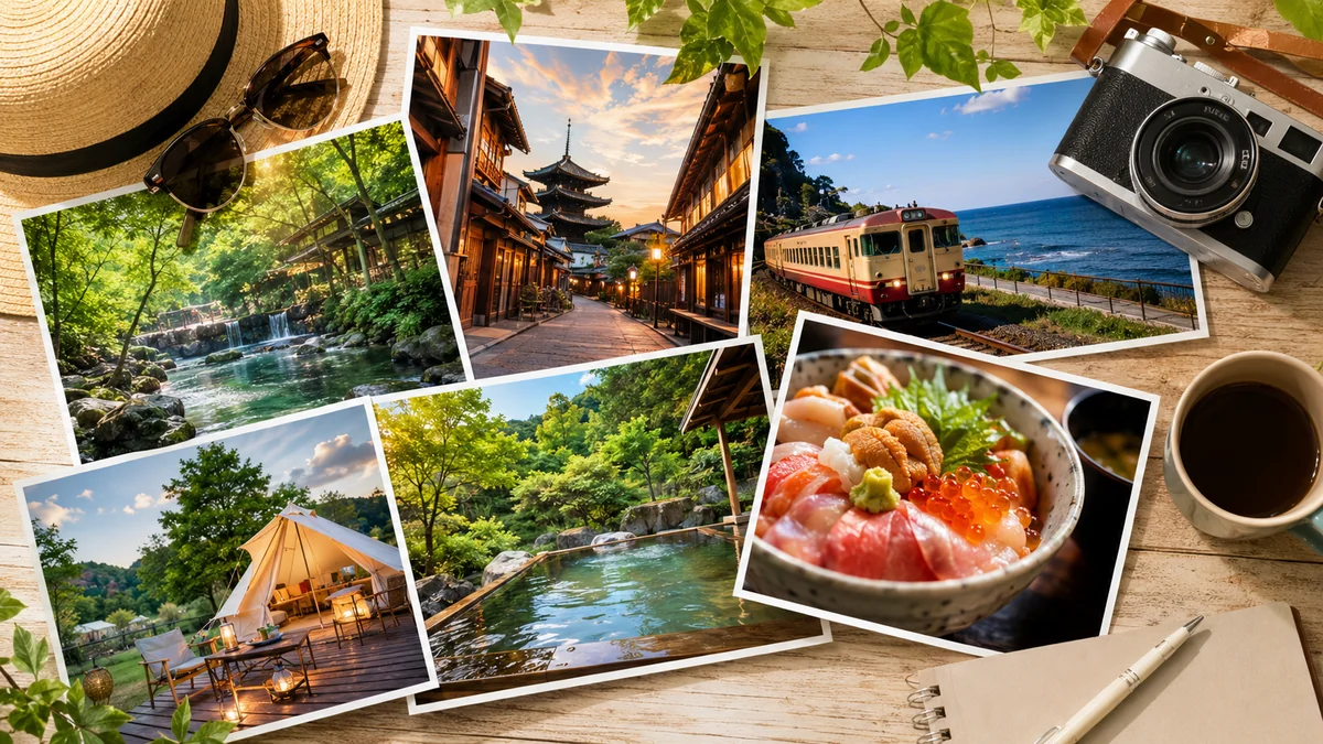 温泉や寺の塔、海沿いを走るローカル列車、海鮮丼など日本各地の旅の写真を木のテーブルに並べたコラージュ