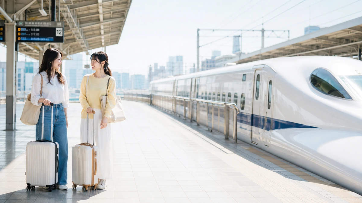 新幹線のホームでスーツケースを持ち、乗車を待つ二人の旅行者
