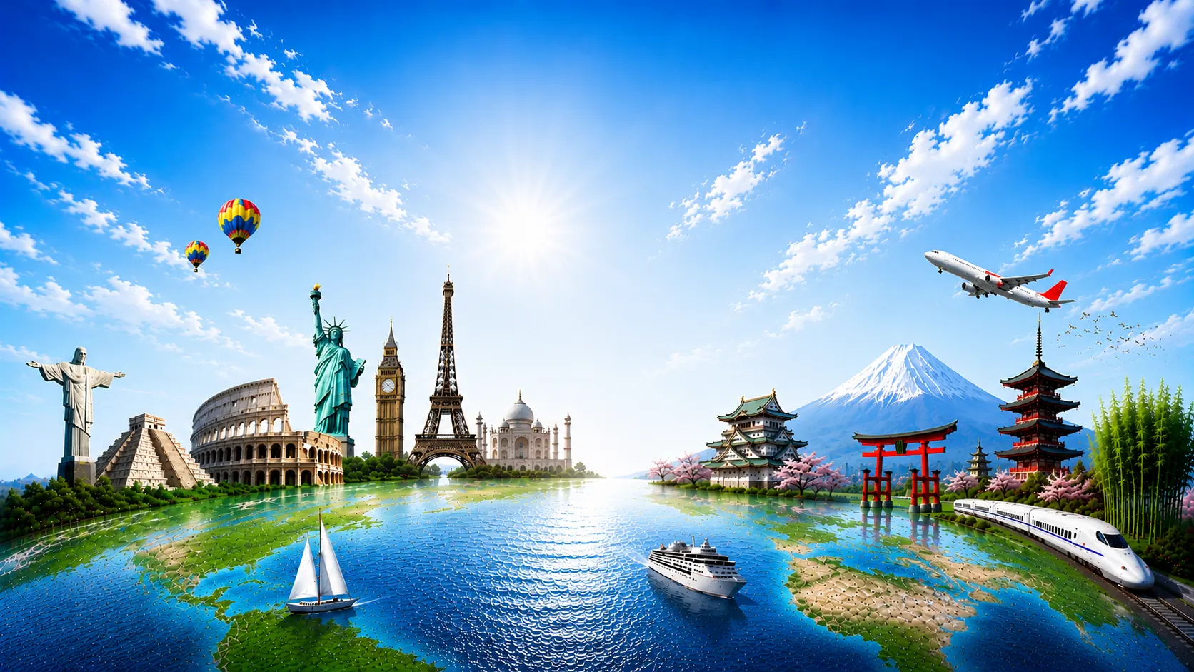 世界と日本の名所を1枚に描いた、旅行をお得にする総合ガイドのイメージ