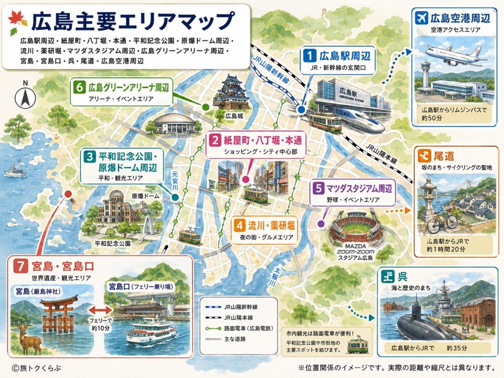 広島駅・紙屋町・八丁堀・平和記念公園・原爆ドーム・流川・マツダスタジアム・広島グリーンアリーナ・宮島の位置関係を示した広島市内エリアマップ