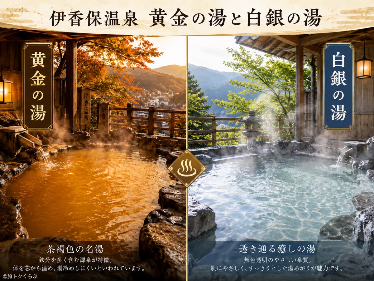 伊香保温泉の黄金の湯と白銀の湯の比較。左＝鉄分を多く含み茶褐色になる「黄金の湯」、右＝無色透明でやさしい泉質の「白銀の湯」