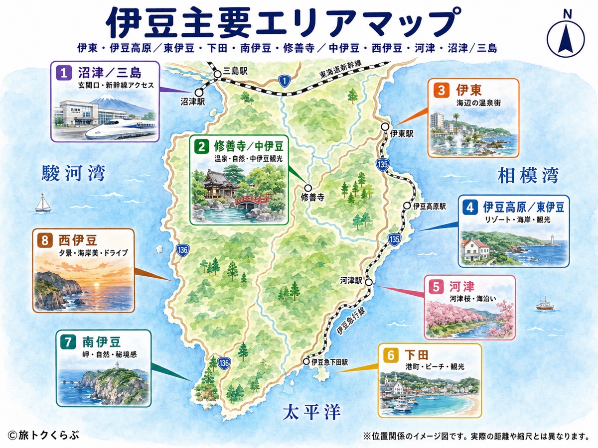 伊東・伊豆高原・東伊豆・下田・南伊豆・修善寺・中伊豆・西伊豆・河津の位置関係を示した伊豆半島エリアマップ（伊豆急行・伊豆箱根鉄道駿豆線）