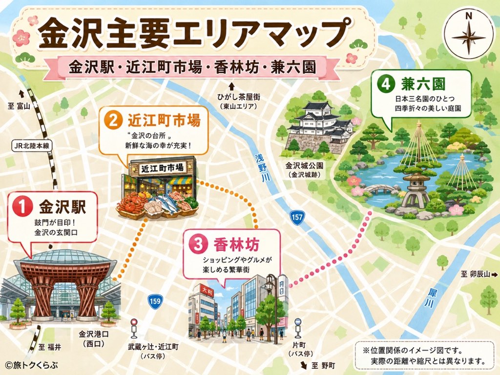 金沢駅・近江町市場・武蔵・香林坊/片町・兼六園・金沢城・21世紀美術館・ひがし茶屋街の位置関係を示した金沢市内エリアマップ