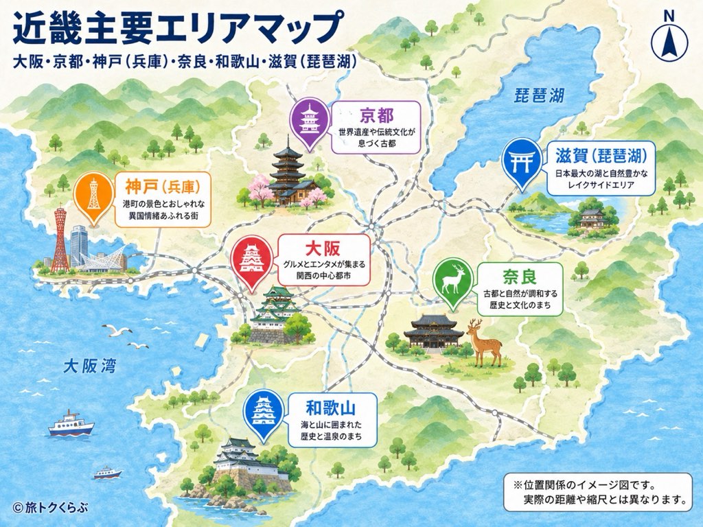 近畿（関西）主要エリアマップ｜大阪・京都・神戸（兵庫）・奈良・和歌山・滋賀（琵琶湖）の位置関係（イメージ図）