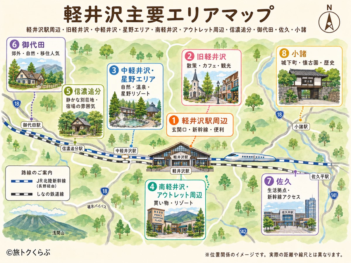 軽井沢駅周辺・旧軽井沢・中軽井沢/星野エリア・南軽井沢/アウトレット・信濃追分・御代田・佐久・小諸の位置関係を示した軽井沢エリアマップ（北陸新幹線・しなの鉄道線）