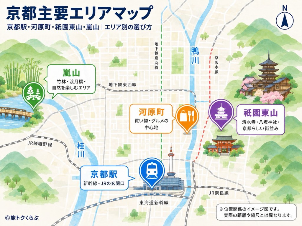 京都主要エリアマップ｜京都駅・河原町・祇園東山・嵐山の位置関係（イメージ図）