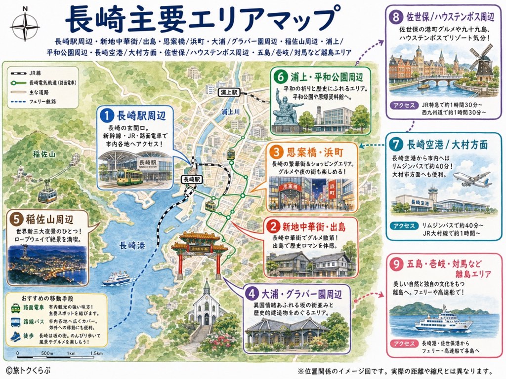 長崎駅・新地中華街・出島・思案橋/浜町・大浦/グラバー園・稲佐山・浦上/平和公園の位置関係を示した長崎市内エリアマップ