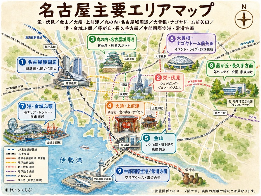 名古屋の主要エリアマップ｜名古屋駅・栄・伏見・金山・大須・名古屋城・大曽根（バンテリンドーム）・金城ふ頭（レゴランド）・名古屋港（水族館）・長久手（ジブリパーク）方面の位置関係（イメージ図）