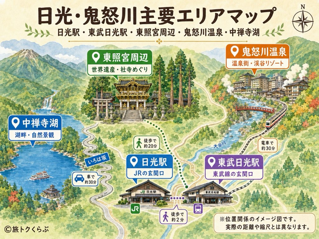 日光・鬼怒川エリアの主要エリアマップ。JR/東武日光駅・東照宮（日光山内）・中禅寺湖（奥日光）・鬼怒川温泉・川治・湯西川の位置関係を示したイメージ図