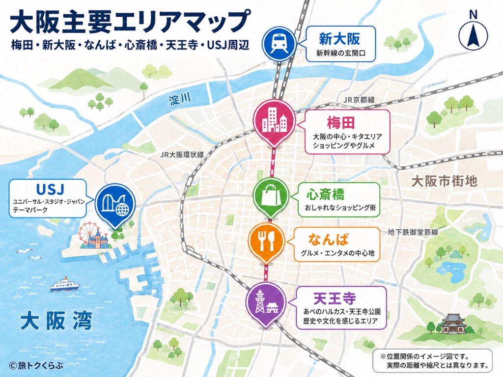 大阪主要エリアマップ｜梅田・新大阪・なんば・心斎橋・天王寺・USJ周辺の位置関係（イメージ図）