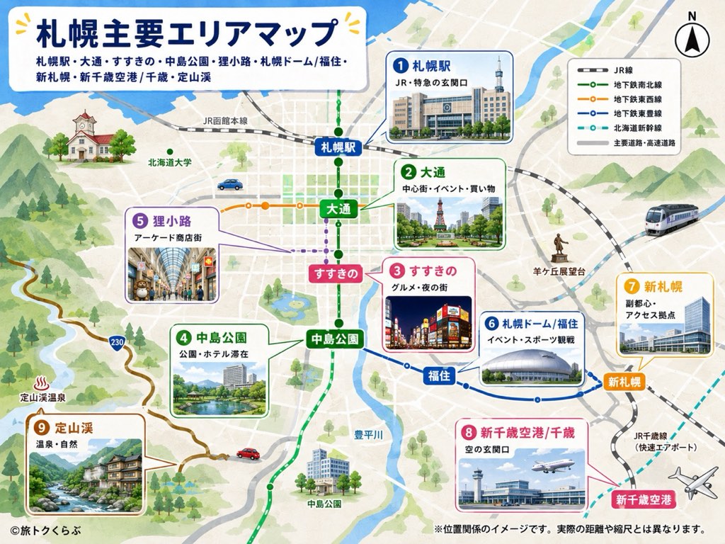 札幌の主要エリアマップ｜札幌駅周辺・大通・すすきの・中島公園・狸小路・札幌ドーム/福住・新札幌・新千歳空港/千歳・定山渓温泉の位置関係（イメージ図）