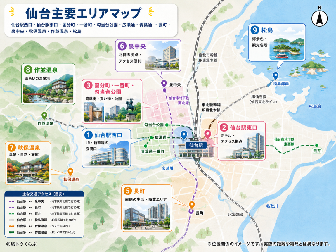 仙台主要エリアマップ｜仙台駅西口・仙台駅東口・国分町・一番町・勾当台公園・広瀬通・青葉通・長町・泉中央・秋保温泉・作並温泉・松島の位置関係と、仙台駅からの主な交通アクセス（目安）