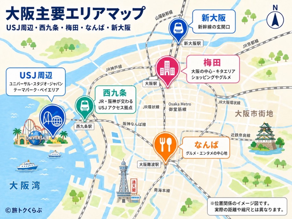 USJ周辺・西九条・梅田・なんば・新大阪のエリアと位置関係マップ
