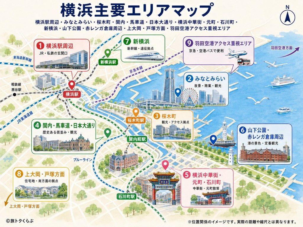 横浜の主要エリアマップ|横浜駅周辺・みなとみらい・桜木町・関内/馬車道/日本大通り・横浜中華街/元町/石川町・山下公園/赤レンガ倉庫周辺・新横浜・上大岡/戸塚方面・羽田空港アクセス重視エリアの位置関係(イメージ図)
