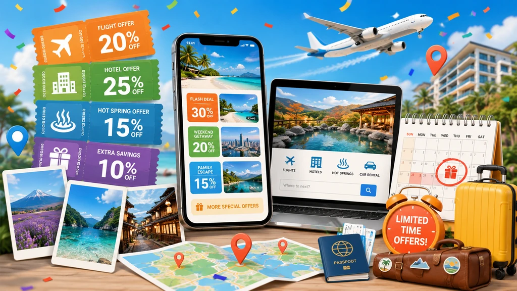 旅行予約アプリを開いたスマートフォンやパソコンと、旅行クーポン券・地図・パスポートを木のテーブルに並べた旅行キャンペーンのイメージ
